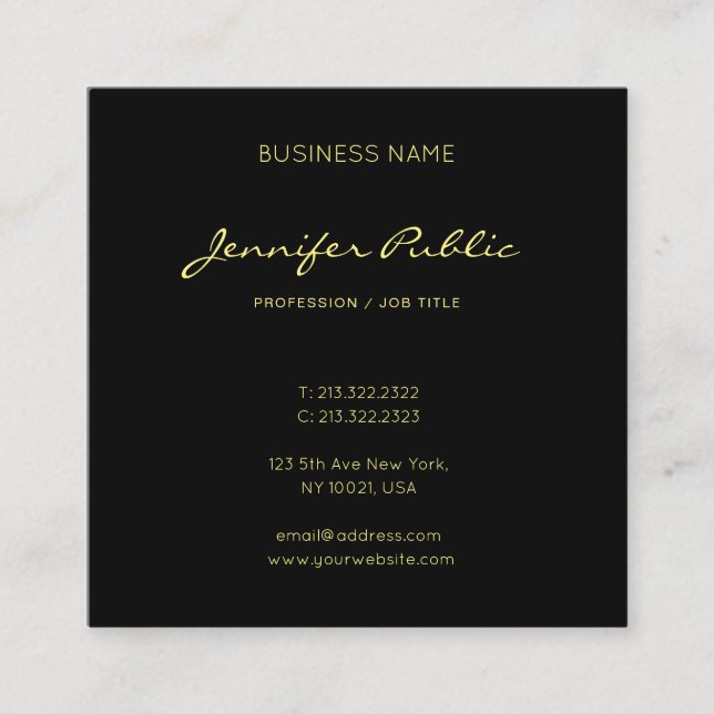 Tarjeta De Visita Cuadrada Elegante caligrafía Script Black Gold Trendy Luxe (Anverso)