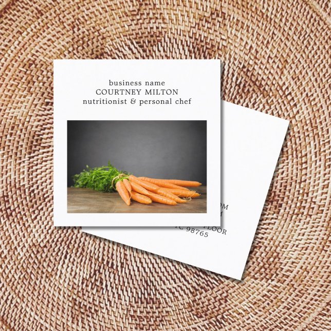 Tarjeta De Visita Cuadrada Elegante Chef Personal Limpio Zanahorias Nutricion (Subido por el creador)