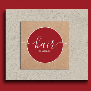 Tarjeta De Visita Cuadrada Elegante Círculo Rojo Blanco Impreso Kraft Peluque