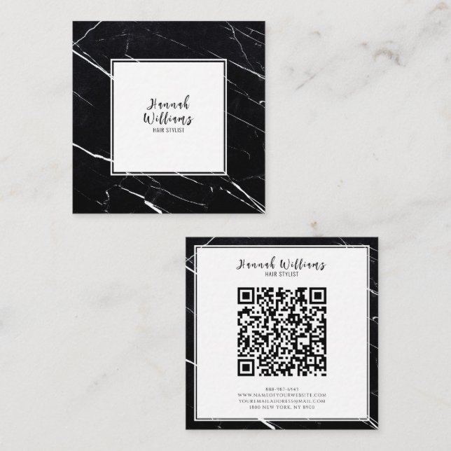Tarjeta De Visita Cuadrada Elegante Código Qr blanco y negro Resumen Marble (Anverso / Reverso)