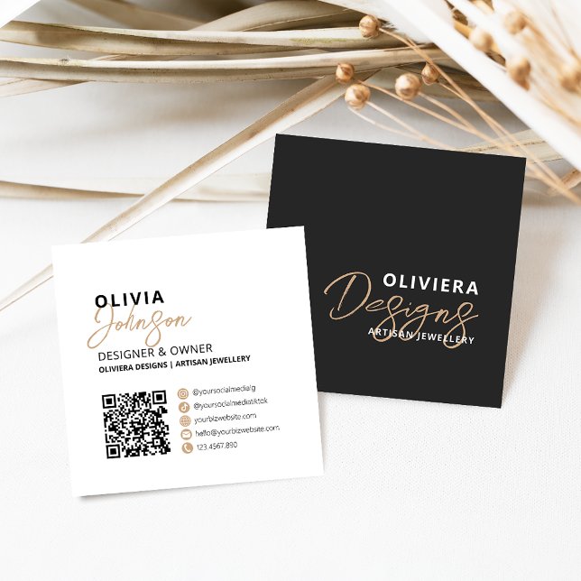 Tarjeta De Visita Cuadrada Elegante código QR de caligrafía moderna negra (Subido por el creador)