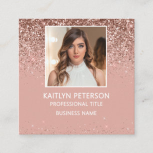 Tarjeta De Visita Cuadrada Elegante Código QR de Foto con Brillo de Oro Rosa