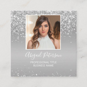 Tarjeta De Visita Cuadrada Elegante Código QR de Foto con Brillo Plateado