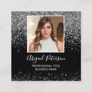 Tarjeta De Visita Cuadrada Elegante Código QR de Foto con Brillo Plateado Neg