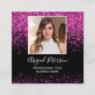 Tarjeta De Visita Cuadrada Elegante Código QR de Foto con Brillo Rosa Fucsia
