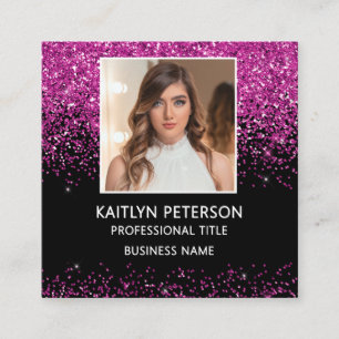 Tarjeta De Visita Cuadrada Elegante Código QR de Foto con Brillo Rosa Fucsia
