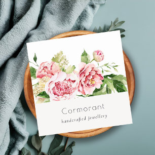 Tarjeta De Visita Cuadrada Elegante color de agua verde rosa puro Peony Flora