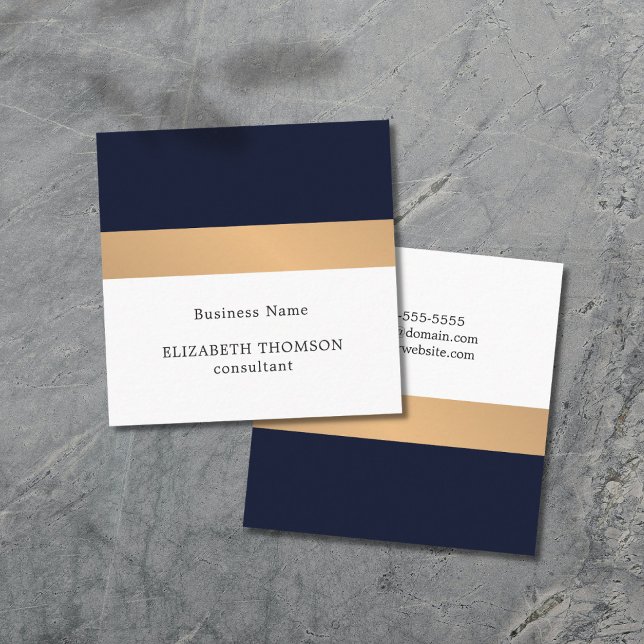 Tarjeta De Visita Cuadrada Elegante Consultor de franjas de oro azul oscuro (Subido por el creador)