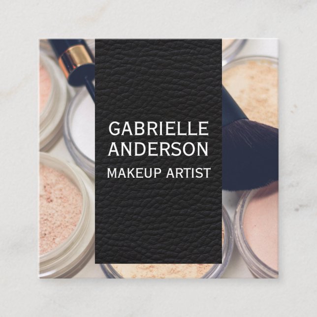 Tarjeta De Visita Cuadrada Elegante cuero negro | Paleta de maquillaje y broc (Anverso)