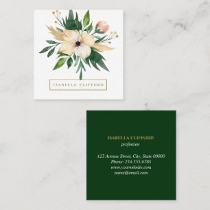 Tarjeta De Visita Cuadrada Elegante Day Spa Salon Green Flower Watercolor