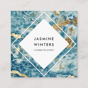 Tarjeta De Visita Cuadrada Elegante diamante acuarela de mármol azul de Relie