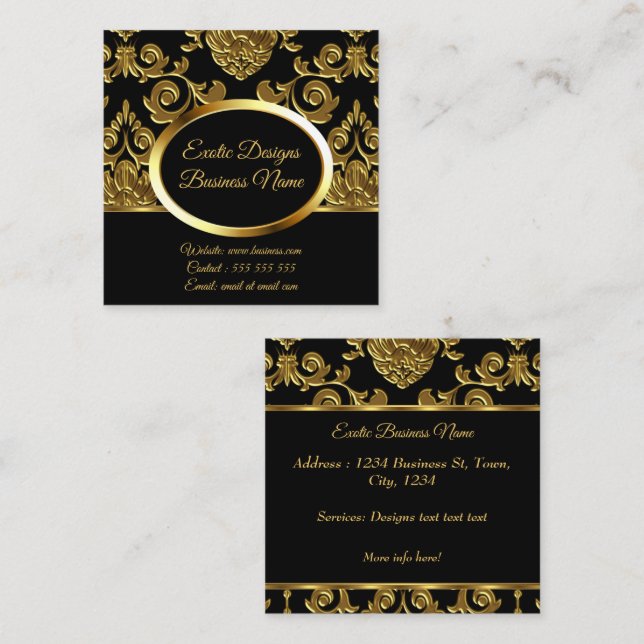 Tarjeta De Visita Cuadrada Elegante Diseña Dorado Damask Floral Sobre Negro (Anverso / Reverso)