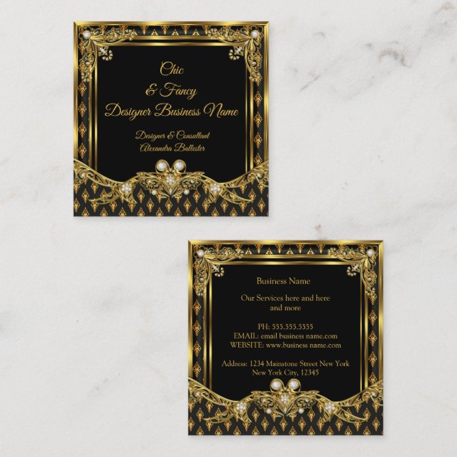 Tarjeta De Visita Cuadrada Elegante Diseñador elegante de damasquinado negro  (Anverso / Reverso)