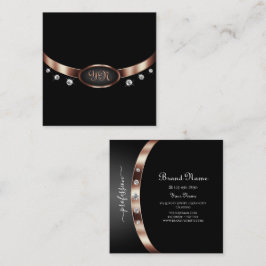 Tarjeta De Visita Cuadrada Elegante dorado negro y Rosa con diamantes de mono
