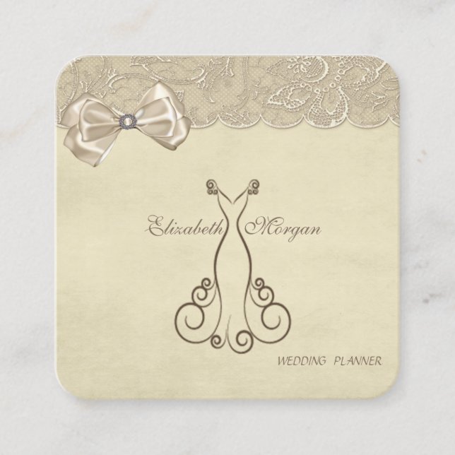 Tarjeta De Visita Cuadrada Elegante Elegante Elegante Sofisticado, Bow, Lace, (Anverso)