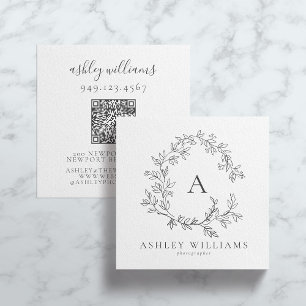 Tarjeta De Visita Cuadrada Elegante Escudo floral de código QR gris monograma