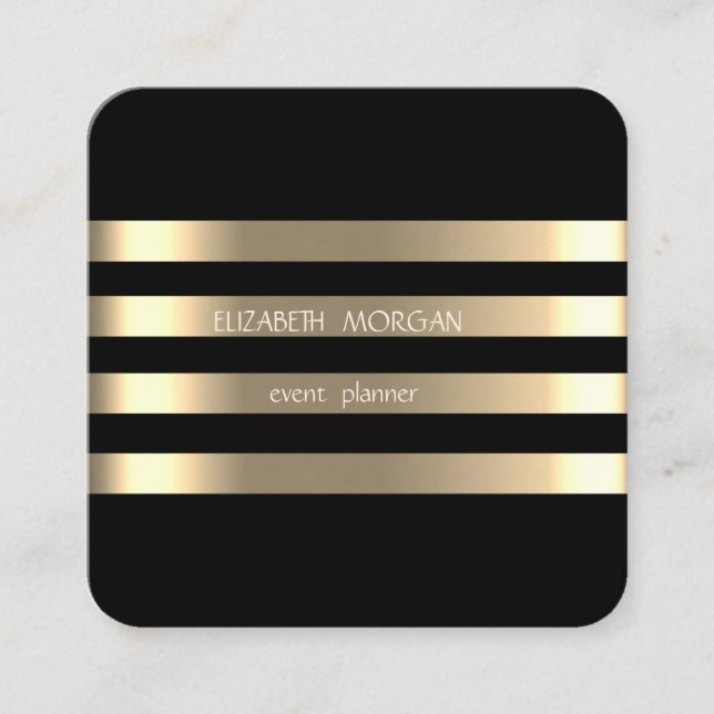 Tarjeta De Visita Cuadrada Elegante Estilo Moderno Faux Gold Striped, Negro (Anverso)