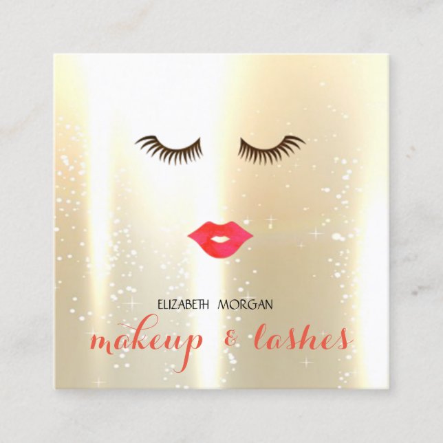 Tarjeta De Visita Cuadrada Elegante estilo moderno Shinny, Lips, Lashes, Maqu (Anverso)
