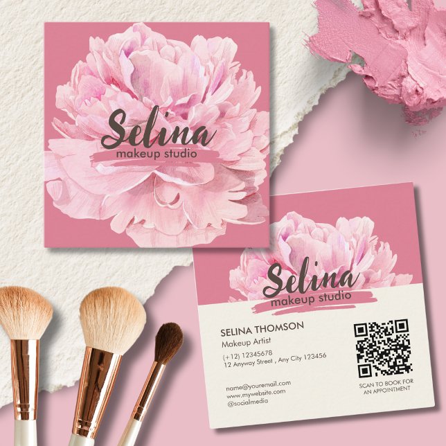 Tarjeta De Visita Cuadrada Elegante estudio de maquillaje floral crema rosa (Subido por el creador)