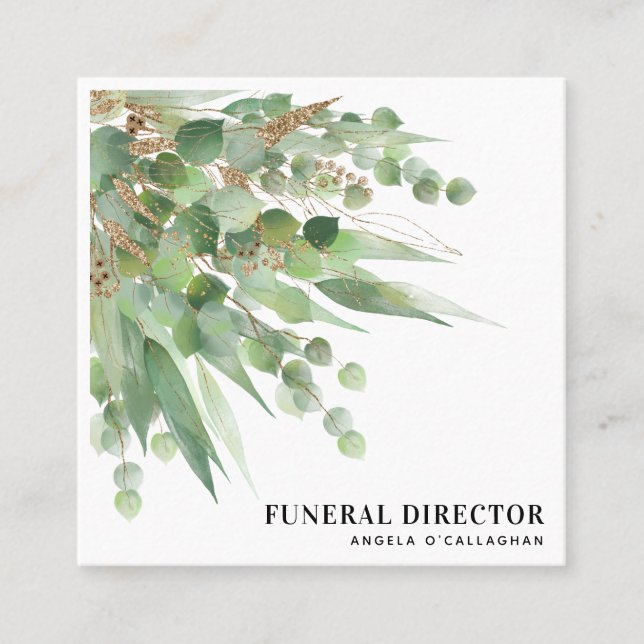 Tarjeta De Visita Cuadrada Elegante Eucalyptus Foliage & Gold Purpurina (Anverso)