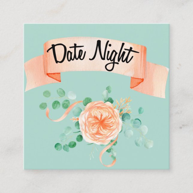 Tarjeta De Visita Cuadrada Elegante Eucalyptus Green Peach Date Card (Anverso)