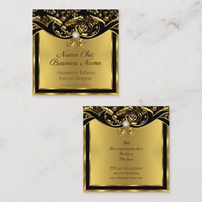 Tarjeta De Visita Cuadrada Elegante Fashion Gold Black Damask Floral (Anverso / Reverso)