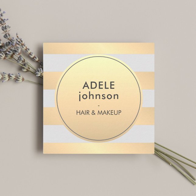 Tarjeta De Visita Cuadrada Elegante Faux Gold Gray Stripes Beauty Hair Makeup (Subido por el creador)