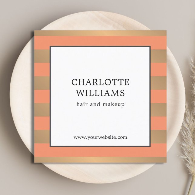 Tarjeta De Visita Cuadrada Elegante Faux Gold Stripes Consultor de Belleza (Subido por el creador)