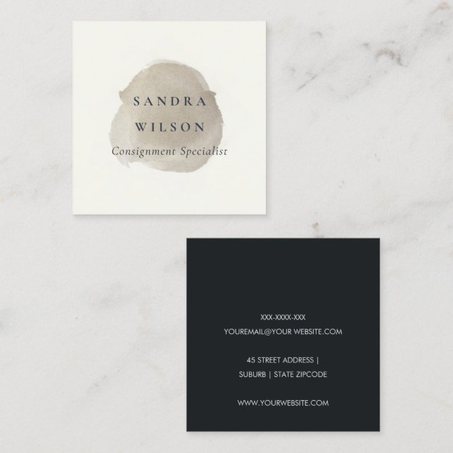 TARJETA DE VISITA CUADRADA ELEGANTE FAUX SILVER BRUSH NEGRO STROKE MODERNO (Anverso / Reverso)