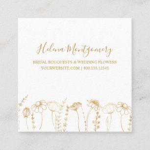 Tarjeta De Visita Cuadrada Elegante Feminine Gold Wildflower Sketch