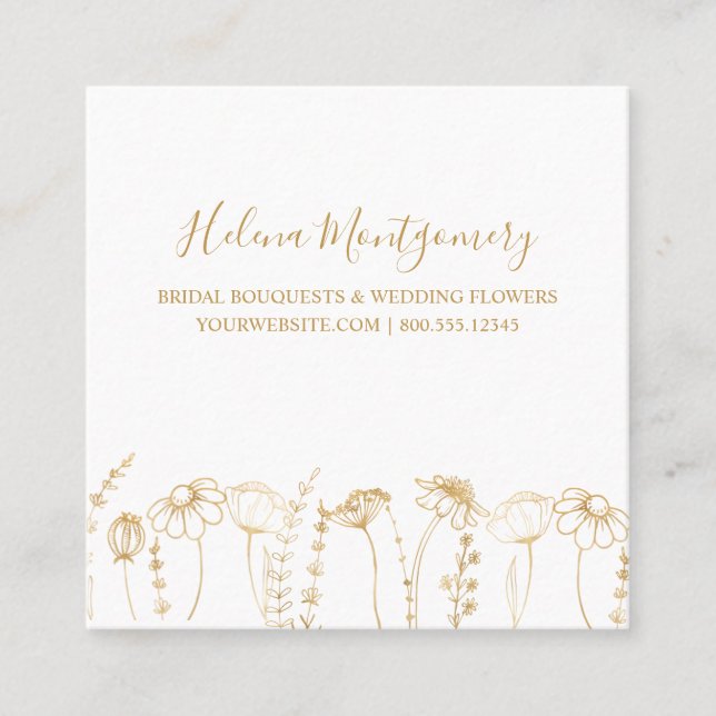 Tarjeta De Visita Cuadrada Elegante Feminine Gold Wildflower Sketch (Anverso)