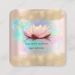 Tarjeta De Visita Cuadrada Elegante Flor de Loto Trazo de Pincel Dorado Holog