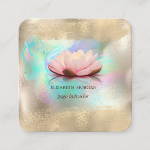 Tarjeta De Visita Cuadrada Elegante Flor de Loto Trazo de Pincel Dorado Holog