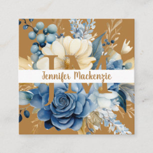 Tarjeta De Visita Cuadrada Elegante floral azul blanco y dorado
