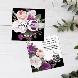 Tarjeta De Visita Cuadrada Elegante Floral blanca y negra simple personal