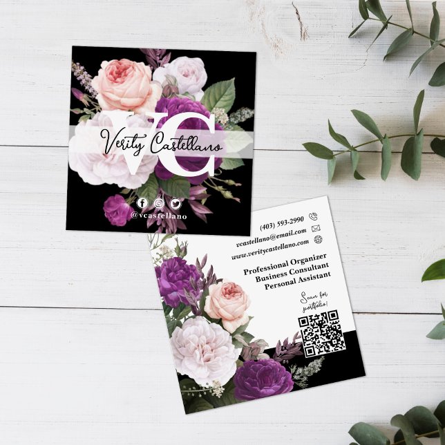 Tarjeta De Visita Cuadrada Elegante Floral blanca y negra simple personal (Subido por el creador)
