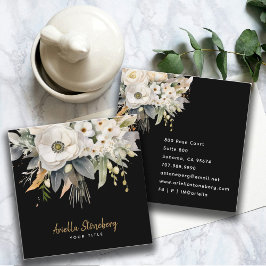 Tarjeta De Visita Cuadrada Elegante Floral Bloom Black