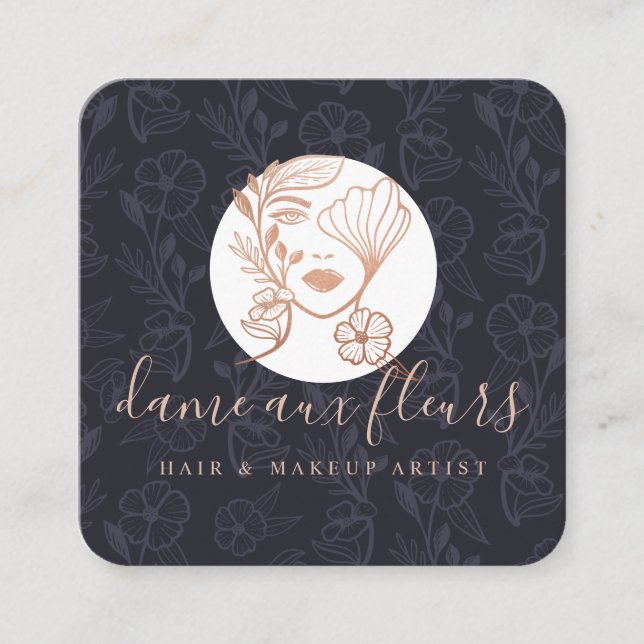 Tarjeta De Visita Cuadrada Elegante floral Blooming Belleza Mujer Logo Negro (Anverso)