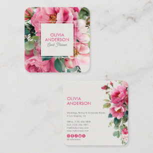 Tarjeta De Visita Cuadrada Elegante Floral Botánico de Acuarela en Rosa