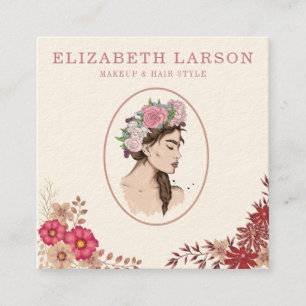 Tarjeta De Visita Cuadrada Elegante Floral de Belleza Artista de Cabello Maqu