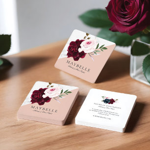 Tarjeta De Visita Cuadrada Elegante Floral de color burdeos y mármol blanco