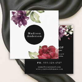 Tarjeta De Visita Cuadrada Elegante Floral de color rojo y ciruela