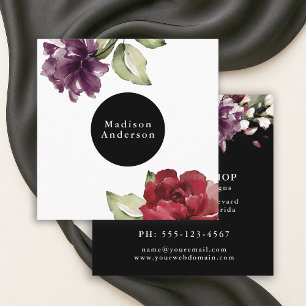 Tarjeta De Visita Cuadrada Elegante Floral de color rojo y ciruela