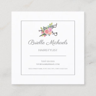 Tarjeta De Visita Cuadrada Elegante Floral Haircut Scissors Hair Stylist