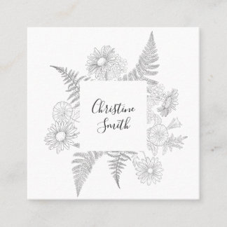 Tarjeta De Visita Cuadrada Elegante Floral Negro Y Blanco Minimalista