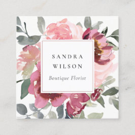 TARJETA DE VISITA CUADRADA ELEGANTE FLORAL ROSA DE COLOR DE AGUA ROJO RUBOR B