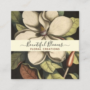 Tarjeta De Visita Cuadrada Elegante florecimiento monogramado de Magnolia Cre