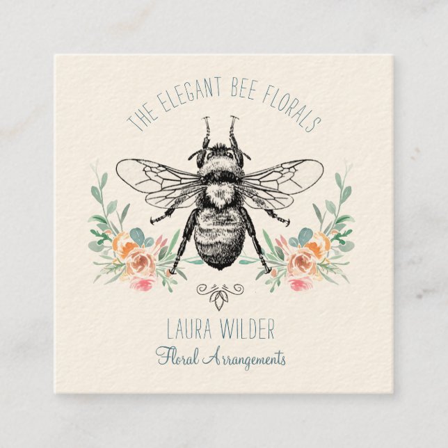 Tarjeta De Visita Cuadrada Elegante florista de abeja floral verde rosa (Anverso)