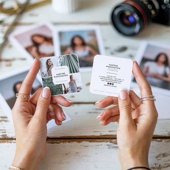 Tarjeta De Visita Cuadrada Elegante fotógrafo de frontera blanca moderno míni (Elegant white border photographer modern minimal)