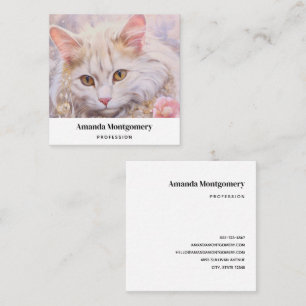 Tarjeta De Visita Cuadrada Elegante gato blanco en oro y diamantes